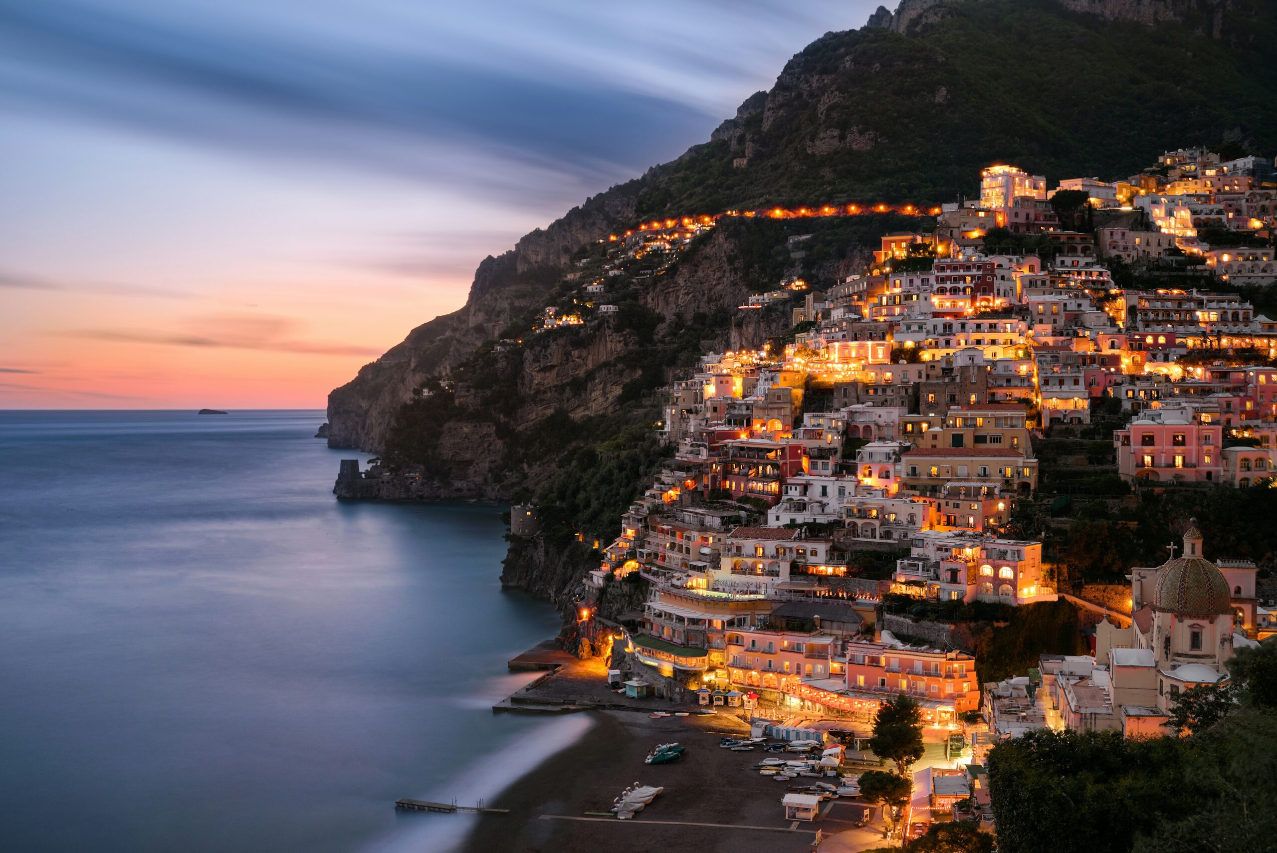 Coastal town on the Amalfi Coast in Italy with sea and hillside buildings